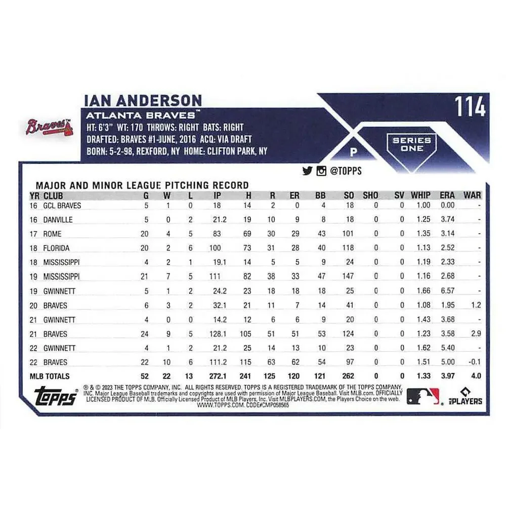 2023 Topps Gold Star Ian Anderson #114 Atlanta Braves